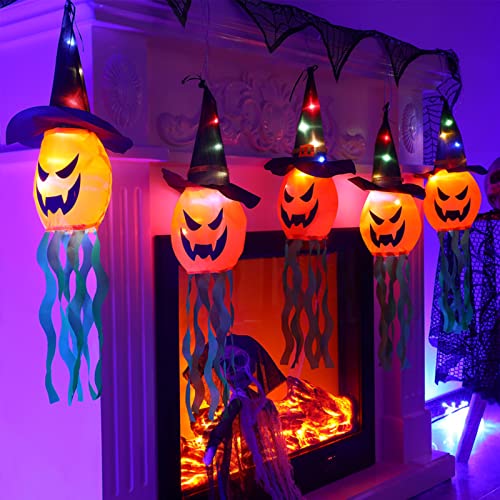 5 Pcs Halloween Kürbis Licht Mit Hexenhut,3m Halloween Lichterkette Kürbis,Orange Kürbis,Windsack Halloween,Batteriebetrieben 30 LED Kürbis Lichter Hängend Geisterlicht Deko Für Halloween Party Gärten von Bseical