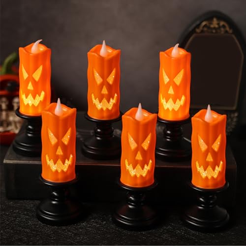 6 Stück Halloween Deko Kerzen Flammenlose, Halloween Deko Kürbis Laterne, Halloween Deko Licht Batteriebetriebene, LED Kerzen Outdoor Teelichter, Kerzenhalter Lampe Horror Garten Teelicht Innen Außen 6 Stück Halloween Deko Kerzen Flammenlose, Halloween Deko Kürbis Laterne, Halloween Deko Licht Batteriebetriebene, LED Kerzen Outdoor Teelichter, Kerzenhalter Lampe Horror Garten Teelicht Innen Außen von Bseical