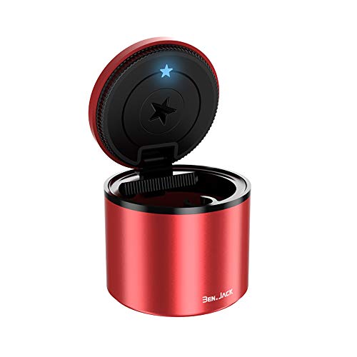 Auto Aschenbecher mit Deckel Geruchsdicht, Aschenbecher Auto mit Halterung LED Licht Leuchtend Metall Personalisiert Autoaschenbecher, für Auto, Haus, Büro, Balkon, Outdoor (Rot) von Bseical