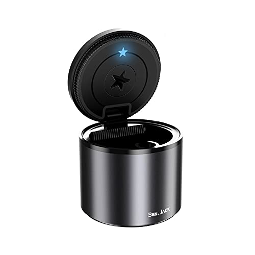 Auto Aschenbecher mit Deckel Geruchsdicht, Aschenbecher Auto mit Halterung LED Licht Leuchtend Metall Personalisiert Autoaschenbecher, für Auto, Haus, Büro, Balkon, Outdoor (Schwarz) von Bseical