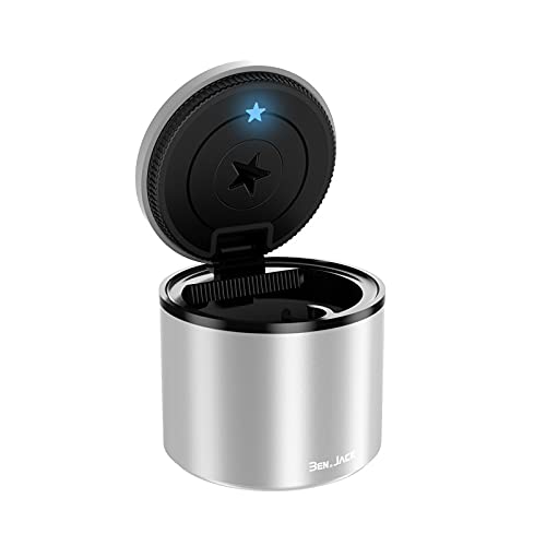 Auto Aschenbecher mit Deckel Geruchsdicht, Aschenbecher Auto mit Halterung LED Licht Leuchtend Metall Personalisiert Autoaschenbecher, für Auto, Haus, Büro, Balkon, Outdoor (Silber) von Bseical