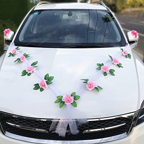 Autoschmuck Hochzeit,Hochzeitsdeko Set,Brautpaar Rosa Deko Dekoration Auto,Autoschmuck Hochzeit Motorhaube,Wunderschöner Hochzeitsschmuck,2 Organza/9 Dekorative Blumen Und Saugnäpfe/2 Spiegelblumen von Bseical