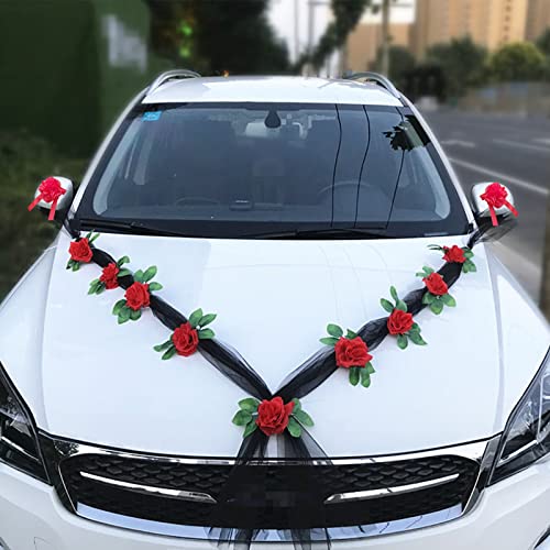 Autoschmuck Hochzeit Motorhaube Saugnapf, Hochzeitsdeko Auto Blumen, Deko Hochzeitsauto Vintage, Auto Hochzeitsschmuck Set mit Autoschleifen Spiegel Blumenstrauß Kunstblumen Rosen Tüll (Schwarz-rot) von Bseical