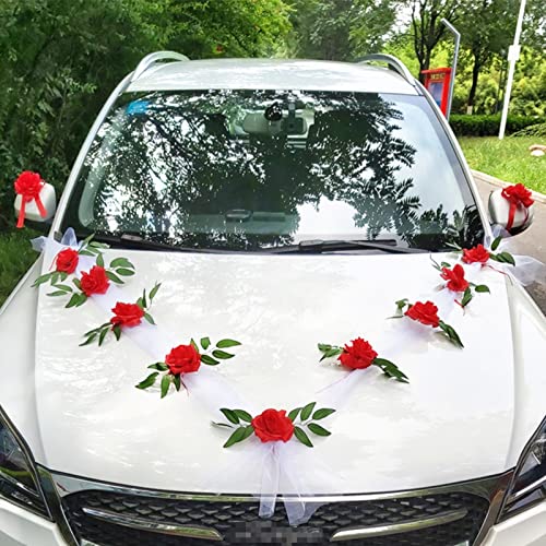 Autoschmuck Hochzeit Motorhaube Saugnapf, Hochzeitsdeko Auto Blumen, Deko Hochzeitsauto Vintage, Auto Hochzeitsschmuck Set mit Autoschleifen Spiegel Blumenstrauß Kunstblumen Rosen Tüll (Weiß-rot) von Bseical