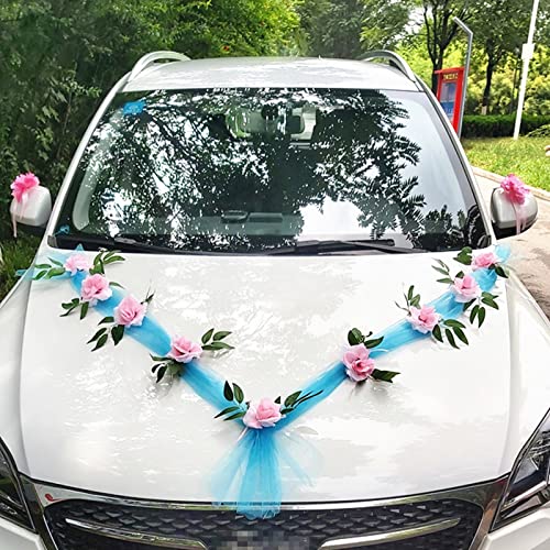 Autoschmuck Hochzeit Motorhaube Saugnapf, Hochzeitsdeko Auto Blumen, Deko Hochzeitsauto Vintage, Auto Hochzeitsschmuck Set mit Autoschleifen Spiegel Blumenstrauß Kunstblumen Rosen Tüll (blau-rosa) von Bseical