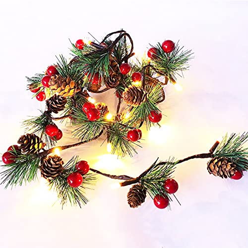 Beerengirlande, Tannengirlande mit Lichterkette, Girlande Weihnachten Beleuchtet, Kranz Weihnachten mit Beleuchtung, Stechpalme Tannenzapfen Rote Beeren Kiefernnadel Treppe Kamin Tischdekoration (D) von Bseical