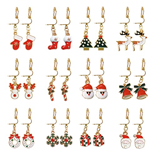 Bseical 12 Paar Clip Ohrringe Kinder Kit, Clip Ohrringe Mädchen Weihnachten, Clip on Ohrringe Weihnachts für Frauen, Glitzer Schmuck Baumeln Ohrringe Weihnachtsbaum Rentier Weihnachtsmann Party von Bseical