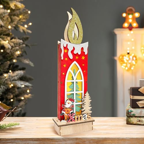 Bseical LED Weihnachtsdeko Holz,LED-Säule Weihnachten,Dekosäule,Kerzen,Lichterkette,Winterlandschaft Tisch Deko,Weihnachts-Silhouette Kerzen aus Holz mit Rentier und Baum (Rot) von Bseical