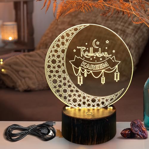 Bseical Ramadan Deko Licht, Eid Mubarak Dekoration, Islam Deko Tisch, Muslim Mondlampe, Ramadan Laterne Acryl 3d Led Halbmond Lampe, Ramadan Kareem Tischlampe Moon Stern Moschee Schloss Ornamente (A) von Bseical
