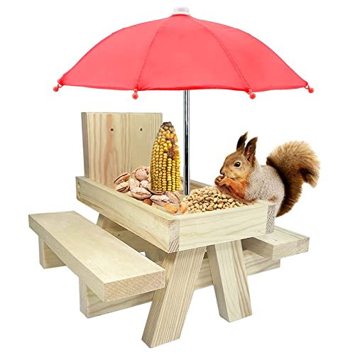 Eichhörnchen Futterhaus Wetterfest Eichhörnchen Picknicktisch Holz Eichhörnchen-Futtertisch Mit Regenschirm Eichhörnchen-Eichhörnchen Futterstelle-Feeder Garten Eichhörnchen Maiskolbenhalter von Bseical