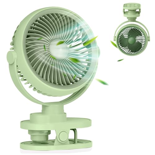 Camping Ventilator mit LED Nachtlicht , Wiederaufladbarer USB-C Klein Clip Ventilator mit Akku, 5 Geschwindigkeiten & 360° Drehung, Mini Tischventilator für Zuhause, Büro, Kinderwagen, Outdoor (Grün) von Bseical