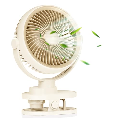 Camping Ventilator mit LED Nachtlicht, Wiederaufladbarer USB-C Klein Clip Ventilator mit Akku, 5 Geschwindigkeiten & 360° Drehung, Mini Tischventilator für Zuhause, Büro, Kinderwagen, Outdoor (Beige) von Bseical