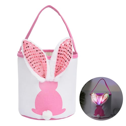 Osterkörbchen Mit Henkel, Osterkorb Hase Mit Led Licht, Osterdeko Beleuchtet, Osterdekoration Leuchtend, Osternester Zum Befüllen Kinder Mit Ohren Stoff Modern Basteln Plüsch Tisch Ostern Deko Rosa von Bseical