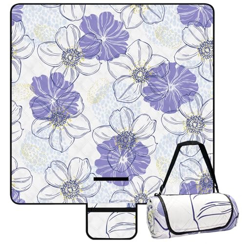 Picknickdecke Wasserdicht Waschbar - 200 x 200cm Picknick Decke, Stranddecke Sandfrei Blaue Weiße Blumen, Faltbare Strandmatte mit Tragegriff und Isoliert Gepolstert für Camping Park Strand Sandfeste von Bseical