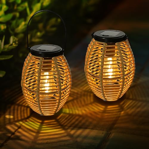 Bseical Solarlaterne für Außen - 2 Stücke Wetterfest Solar Rattan Laternen, Hängend/Stehend Solarlampen, IP44 Wasserdicht Solar Laternen für Außen für Terrasse Patio Tisch Garten Balkon Deko von Bseical