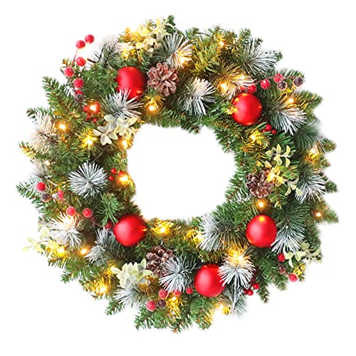 Türkranz Weihnachten Beleuchtet Batterie, Weihnachtskranz Haustür Led, Weihnachtstürkranz Außen Mit Beleuchtung, Weihnachtsdeko Amerikanisch Tür Lichterkranz Künstlich Edel Rote Beeren Kugeln (30CM) von Bseical