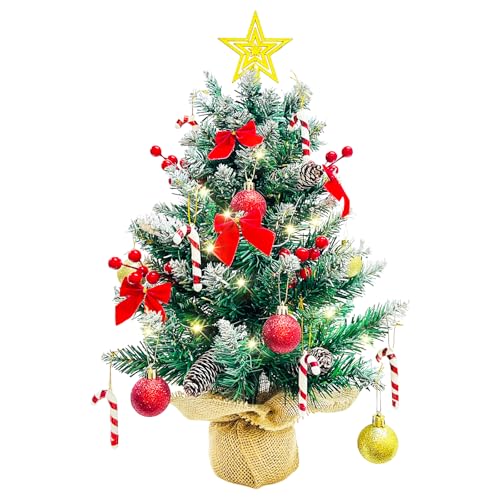 Weihnachtsbaum mit Beleuchtung und Schnee 60cm, Künstliche Weihnachtsbäume Geschmückt, Tannenbaum Lichterkette Deko mit Weihnachtskugel Tannenzapfen Christbaumspitze Stern Weihnachtsdeko DIY Tischdeko von Bseical