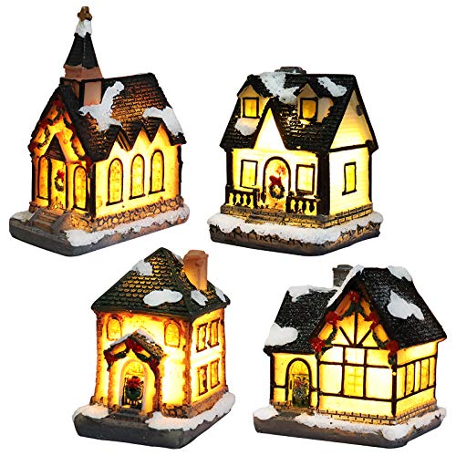 Weihnachtsdorf mit Beleuchtung Groß, Weihnachtsdorf Set mit LED, Weihnachtsdorf Beleuchtet Miniatur, Weihnachtsdeko Figuren Tisch Deko, Weihnachtsdeko zum BAU Chic Selber Machen (4Pcs C) von Bseical