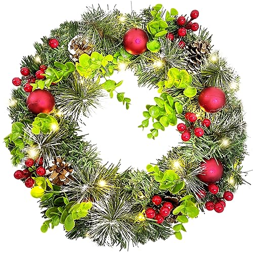 Weihnachtsgirlande mit Beleuchtung Batterie, Türkranz Weihnachten Außen, Kranz Weihnachten LED, Weihnachtskranz Haustür mit Kugeln Tannenzapfen, Weihnachtsdeko Amerikanisch Tür Advent Girlande (∅35cm) von Bseical