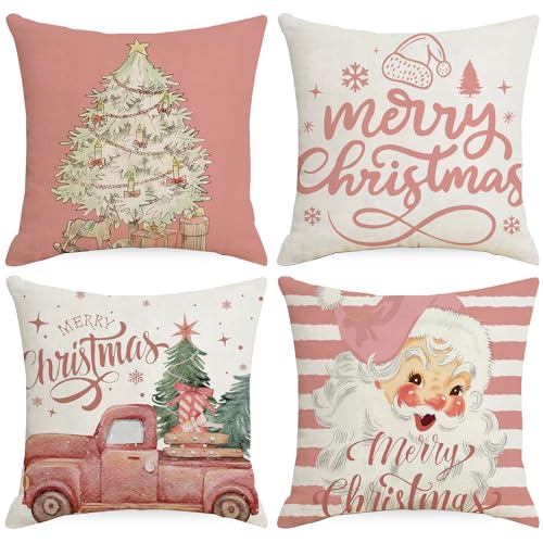 Weihnachtskissen Kissenbezug Weihnachten Kissenbezug Weihnachtsdeko Innen Rentier Deko Weihnachtskissenbezug Winter 4 Stück Decoration Leinen Kissenhülle Weihnachten (A（45 x 45 cm, 4 Stück）) von Bseical
