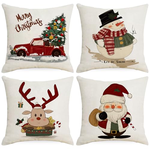 Weihnachtskissen Kissenbezug Weihnachten Kissenbezug Weihnachtsdeko Innen Rentier Deko Weihnachtskissenbezug Winter 4 Stück Decoration Leinen Kissenhülle Weihnachten (B（50 x 50 cm, 4 Stück）) von Bseical