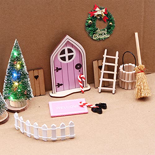 Wichteltür Beleuchtet, Wichtel Zubehör Weihnachten Haus, Feentür Set, Miniatur Wichtelhaus Bausatz Weihnachtswichtel Tür Leuchtend Holz Nissedor Lichterkette Licht Zaun Fussmatte Kranz Treppe Diy Deko von Bseical