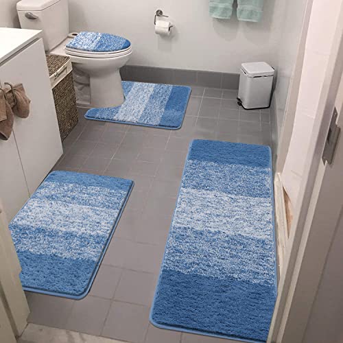 Bsmathom Badezimmerteppich-Set, 4-teilig, mit WC-Deckelbezug, rutschfeste Badteppiche für Badezimmer, Mikrofaser, zottelig, saugfähig, mit U-förmigem WC-Teppich, blau von Bsmathom