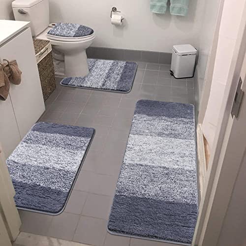 Bsmathom Badezimmerteppich-Set, 4-teilig, mit WC-Deckelbezug, rutschfeste Badteppiche für Badezimmer, Mikrofaser, zottelig, saugfähig, mit U-förmigem WC-Vorleger, Badezimmerteppich, blau von Bsmathom