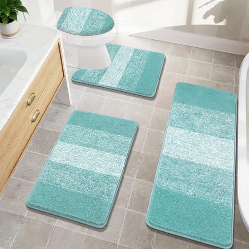 Bsmathom Badteppich-Set 4-teilig mit WC-Deckelbezug und Teppich-Set, saugfähige rutschfeste Badteppiche waschbar, weiches Hochflor-Badezimmermatten-Set mit U-förmigem Toilettenvorleger für Badezimmer, von Bsmathom