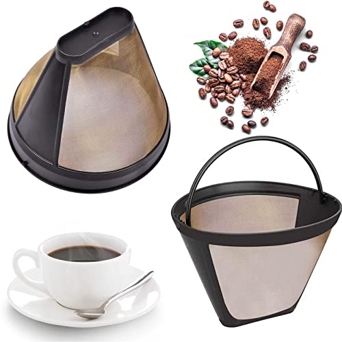2 Stück Kaffeefilter Mesh, Waschbar Kaffeefilter, Wiederverwendbarer Filter, Kaffee Dauerfilter, mit Griff, Größe 4, Edelstahl Dauerhaft, für Meisten, für 8-12 Tassen Kaffee(Golden) von Bssowe