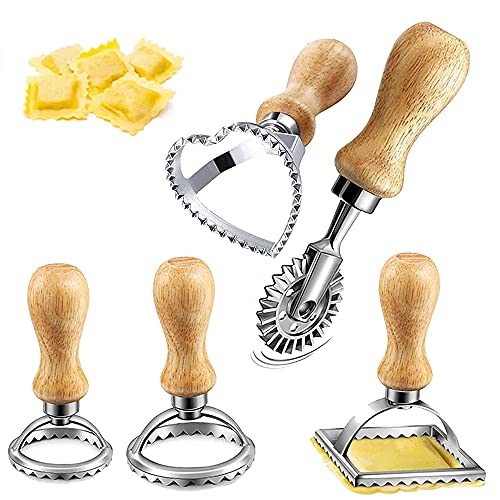 5 Stück Ausstecher Edelstahl Ravioli Ausstecher, Ravioli Ausstecher Former, Ravioli-Former mit Holzgriff, Ravioli-Stempel, Edelstahl Ravioli Ausstechformen, für Ravioli,Pasta, Knödel Werkzeug von Bssowe