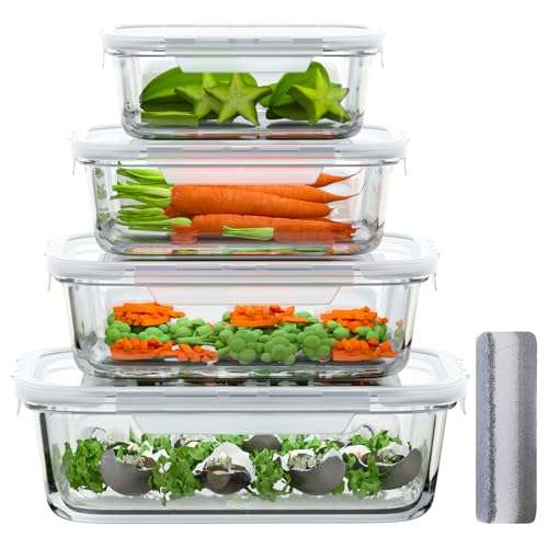 Bstask Meal prep Boxen Set, Set of 4 Glasschüssel Mit Deckel, Mehrere Größen Kitchen Storage Containers, BPA Free Airtight Food Container, Mikrowellen und gefriersicher, 410ml +680ml +1040ml +1520ml von Bstask