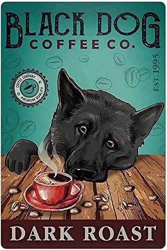 Blechschild schwarzer Hund Kaffee Vintage Retro Sammlerstück Blechschild Wanddekoration Poster Home Bar Restaurant Garage Cafe Kunst Metallschild Geschenk 30,5 x 20,3 cm von Btber