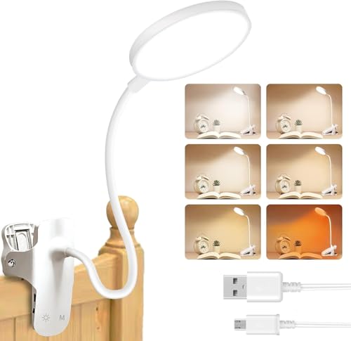 Bteng Leselampe Bett, 36 LED Klemmlampe mit Touch Dimmbar 6 Farben und 5 Helligkeit Augenschutz Klemmleuchte Kinder USB Wiederaufladbar Nachttischlampe Klemmbar für Studieren Arbeiten, Weiß von Bteng