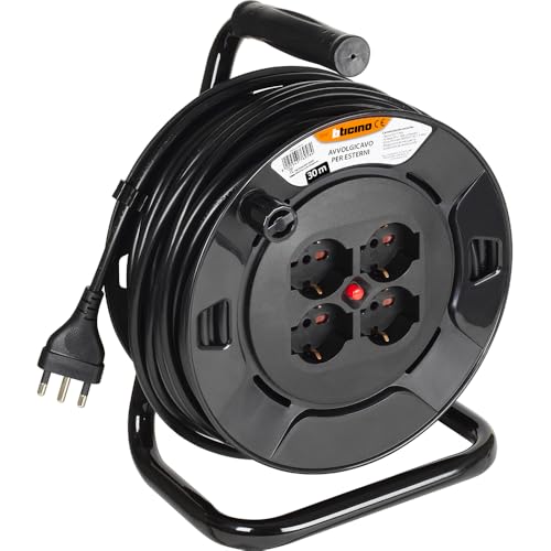 BTICINO Kabeltrommel S2630, elektrische Verlängerung 30 Meter, 4 Schuko-Steckdosen, zweipolig, großer Stecker 16 A, Thermoschalter, ergonomischer Griff, Kabelhalter und Kabeltrommel, Full Black BTICINO Kabeltrommel S2630, elektrische Verlängerung 30 Meter, 4 Schuko-Steckdosen, zweipolig, großer Stecker 16 A, Thermoschalter, ergonomischer Griff, Kabelhalter und Kabeltrommel, Full Black von Bticino