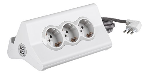 BTicino Stardesk Mehrfachsteckdose für den Schreibtisch mit 10 A Stecker, 3 Steckdosen P30, 2 USB-Stecker, mit Schalter, Kabellänge: 2 Meter, Farbe: Weiß, S3713DBU, weiß, S3713DBU von Bticino