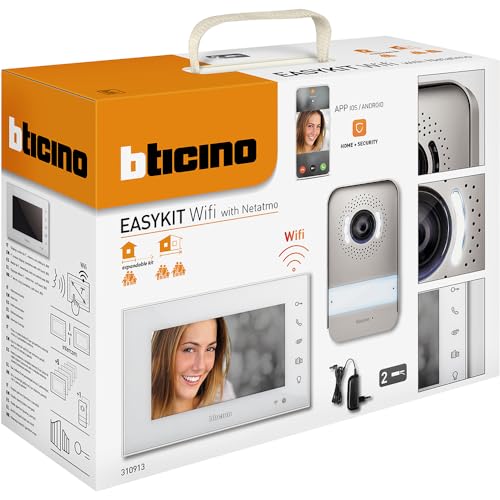Bticino 310913 EasyKIT WLAN-Video-Sprechanlage für Einfamilie, Plug-In 2 Drähte mit 1 externer Taste, Türklingel, Kamera, 1 7 Zoll Farbmonitor mit Freisprecheinrichtung, erweiterbar für von Bticino