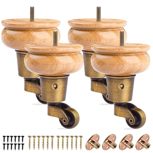 Btowin VCF 10cm Holz Möbelfüße mit Lenkrollen, 4er Set Massivholz Spindel Tischbeine Möbelbeine mit Rollen & vorgebohrten M8 Bolzen & Montageplatten für Schrank Sofa Ottomane Liegestuhl Sessel von Btowin VCF