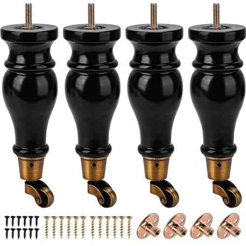 Btowin VCF 22cm Holz Möbelfüße mit Lenkrollen, 4er Set Massivholz Spindel Tischbeine Möbelbeine mit Rollen & vorgebohrten M8 Bolzen & Montageplatten für Schrank Sofa Ottomane Liegestuhl Sessel von Btowin VCF