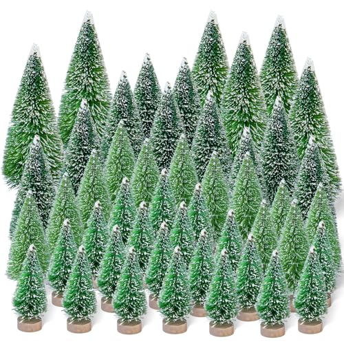 Mini Künstlich Weihnachtsbaum, Btowin VCF 48 Stück Miniatur Schneeeffekt Kiefernbaum Tannenbaum Grün mit Holzsockel DIY Christbaum Weihnachtsdeko für Party Tischdeko Schaufenster Figuren 4/6/8/12cm von Btowin VCF