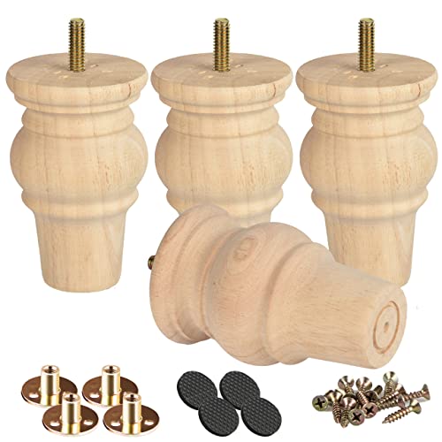 Btowin 10cm Holz Möbelfüße, 4 Stück Unfinished Round Spindel Massivholz Tischbeine Kugelfüße mit M8 Bolzen & Montageplatten & Schrauben für Sofa Couch Stuhl Ottomane Schrank Liebessitz von Btowin