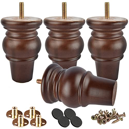 10cm Holz Möbelfüße, Btowin 4 Stück Walnuss Round Spindel Massivholz Tischbeine Kugelfüße mit M8 Bolzen & Montageplatten & Schrauben für Sofa Couch Stuhl Ottomane Schrank Liebessitz von Btowin