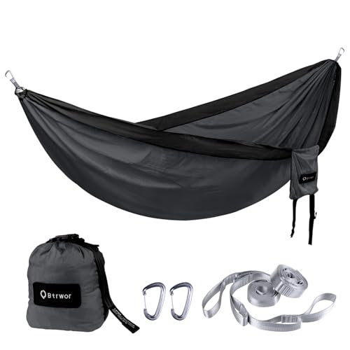 BTRWOR Hängematte Outdoor für 2 Personen | 300kg Traglast | Doppelhängematte mit Befestigungs-Set | Nylon Camping Reisehängematte | 290x170cm(Holzkohle schwarz) von Btrwor