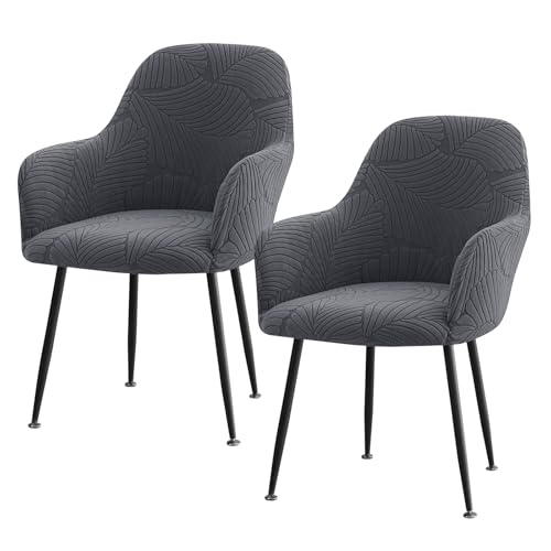 Btstil 2er Set Stuhlhussen mit Armlehne, Stretch Stuhlbezug Hussen für Stühle, Universal Jacquard Stuhlhussen, Abnehmbar Waschbar für Esszimmer Restaurant Schminktisch Bürostuhl (Dunkelgrau) von Btstil