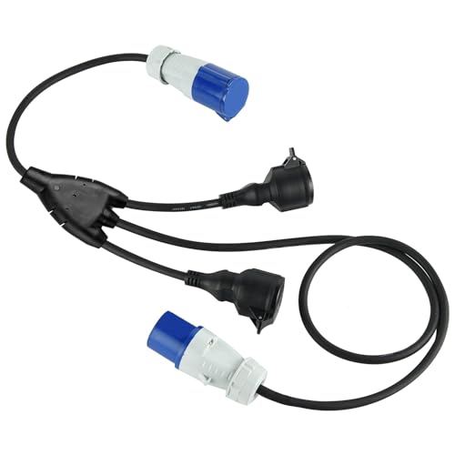 Btstil 3 Fach Caravan Splitter Verlängerung, CEE-Stecker Stromkabel mit 2 Schuko-Steckdosen + 1 Industrie-CEE, Gummikabel H07RN-F 3G 1,5 mm, IP44 Außenbereich für Wohnmobile Camping von Btstil