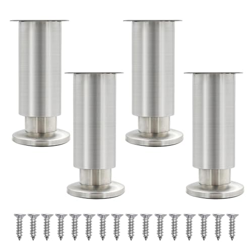 Btstil 4er Set Möbelfüße Höhenverstellbar, Möbelfüße Verstellbare 0-15mm, Edelstahl Möbelbeine Rund mit Schrauben für Schrank Sofa Bett Couchtisch, Belastbar bis 480kg (12cm) von Btstil