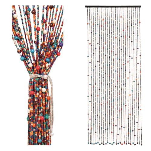 Btstil 90 x 200cm Perlenvorhang Türvorhang, 27 Stränge Beige Boho Türvorhang Bambus, Hängender Retro Holzperlenvorhang für Türen als Dekoration, Raumteiler, Insektenschutz (Bunte) von Btstil