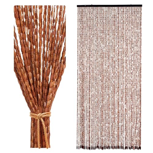 Btstil 90 x 200cm Perlenvorhang Türvorhang, 52 Stränge Beige Boho Türvorhang Bambus, Hängender Retro Holzperlenvorhang für Türen als Dekoration, Raumteiler, Insektenschutz (Braun) von Btstil