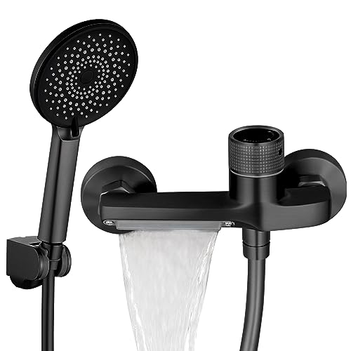 Btstil Badewannenarmatur Wasserfall mit Handbrause, Wasserfall-Duscharmatur mit Heiß- und Kalt-Doppelsteuerung, Wannenarmatur Thermostat Messing Chrom Mischbatterie Dusche zur Wandmontage (Schwarz) von Btstil