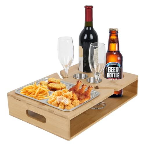 Btstil Couchbar Snackbox, Couch Bar mit Edelstahl-Snackschalen & Weinhalter, Snackbar Sofatablett, Holz Couch Snackbox, Weinhalter, Snackspender, Personalisiert Sofa Organizer von Btstil